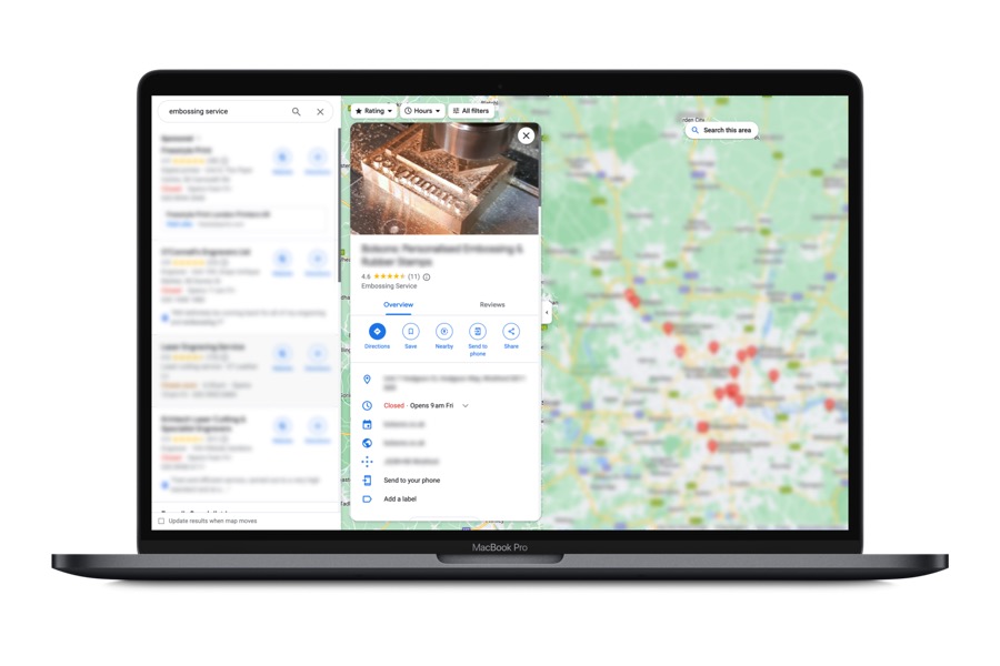 Google Maps listing case study for embossing and rubber stamps