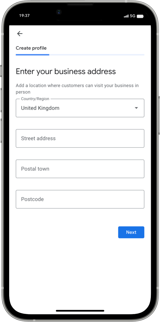 Google Business Profile support and address entry screenshot