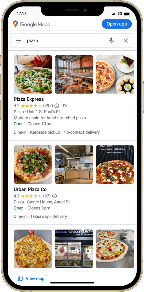 Google Maps local search results for a pizza business